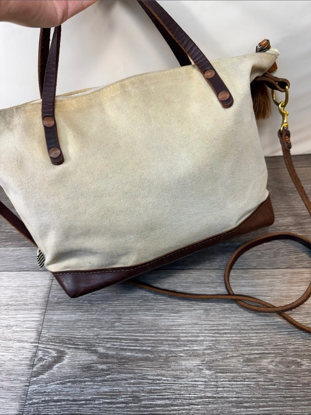 Meanwhile Canvas Shoulder Bag with Brown Leather Trim - Cream